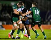 1 October 2021; Lizo Gqoboka of Vodacom Bulls is tackled by Oisin Dowling, left, and Jack Carty of Connacht during the United Rugby Championship match between Connacht and Vodacom Bulls at The Sportsground in Galway. Photo by Harry Murphy/Sportsfile