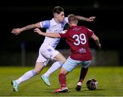 1 October 2021; Ruairi Keating of Galway United in action against Jason Abbott of Cobh Ramblers during the SSE Airtricity League First Division match between Cobh Ramblers and Galway United at St Colman's Park in Cobh, Cork. Photo by Michael P Ryan/Sportsfile