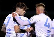 1 October 2021; Ruairi Keating, left, of Galway United celebrates with team-mate Gary Boylan after scoring his side's first goal during the SSE Airtricity League First Division match between Cobh Ramblers and Galway United at St Colman's Park in Cobh, Cork. Photo by Michael P Ryan/Sportsfile