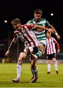 1 October 2021; Jamie McGonigle of Derry City in action against Ronan Finn of Shamrock Rovers during the SSE Airtricity League Premier Division match between Shamrock Rovers and Derry City at Tallaght Stadium in Dublin. Photo by Eóin Noonan/Sportsfile