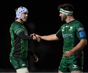 1 October 2021; Mack Hansen of Connacht, left, celebrates with team-mate Tom Daly after scoring their side's third try during the United Rugby Championship match between Connacht and Vodacom Bulls at The Sportsground in Galway. Photo by Brendan Moran/Sportsfile