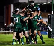 1 October 2021; Mack Hansen of Connacht, second left, celebrates after scoring his side's third try with team-mates during the United Rugby Championship match between Connacht and Vodacom Bulls at The Sportsground in Galway. Photo by Harry Murphy/Sportsfile