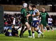 1 October 2021; Mack Hansen of Connacht celebrates after scoring his side's third try with Kieran Marmion during the United Rugby Championship match between Connacht and Vodacom Bulls at The Sportsground in Galway. Photo by Harry Murphy/Sportsfile