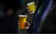 1 October 2021; Supporters with alcohol and non alcoholic beverages to his seat during the United Rugby Championship match between Connacht and Vodacom Bulls at The Sportsground in Galway. Photo by Brendan Moran/Sportsfile