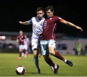 1 October 2021; Mikie Rowe of Galway United in action against John Kavanagh of Cobh Ramblers during the SSE Airtricity League First Division match between Cobh Ramblers and Galway United at St Colman's Park in Cobh, Cork. Photo by Michael P Ryan/Sportsfile