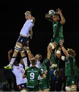 1 October 2021; Leva Fifita of Connacht wins a lineout from Janko Swanepoel of Vodacom Bulls during the United Rugby Championship match between Connacht and Vodacom Bulls at The Sportsground in Galway. Photo by Brendan Moran/Sportsfile