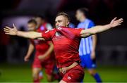 1 October 2021; Georgie Poynton of Shelbourne celebrates after scoring from the penalty spot during the SSE Airtricity League First Division match between Shelbourne and Treaty United at Tolka Park in Dublin. Photo by Matt Browne/Sportsfile