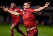 1 October 2021; Georgie Poynton of Shelbourne celebrates after scoring from the penalty spot during the SSE Airtricity League First Division match between Shelbourne and Treaty United at Tolka Park in Dublin. Photo by Matt Browne/Sportsfile