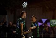 1 October 2021; Thomas Farrell of Connacht celebrates after scoring his side's fourth try with John Porch during the United Rugby Championship match between Connacht and Vodacom Bulls at The Sportsground in Galway. Photo by Harry Murphy/Sportsfile