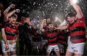 1 October 2021; Dublin University FC players celebrate after their victory in the Metropolitan Cup Final match between Dublin University FC and Terenure College at Energia Park in Dublin. Photo by Ben McShane/Sportsfile