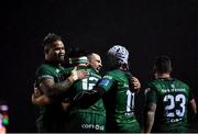 1 October 2021; Tom Daly of Connacht, second from left, celebrates after scoring his side's fifth try during the United Rugby Championship match between Connacht and Vodacom Bulls at The Sportsground in Galway. Photo by Harry Murphy/Sportsfile