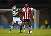 1 October 2021; James Akintunde of Derry City in action against Richie Towell of Shamrock Rovers during the SSE Airtricity League Premier Division match between Shamrock Rovers and Derry City at Tallaght Stadium in Dublin. Photo by Eóin Noonan/Sportsfile