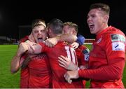 1 October 2021; Georgie Poynton, left, of Shelbourne celebrates with his team-mates after the SSE Airtricity League First Division match between Shelbourne and Treaty United at Tolka Park in Dublin. Photo by Matt Browne/Sportsfile