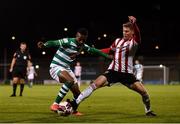 1 October 2021; Aidomo Emakhu of Shamrock Rovers in action against Will Fitzgerald of Derry City during the SSE Airtricity League Premier Division match between Shamrock Rovers and Derry City at Tallaght Stadium in Dublin. Photo by Eóin Noonan/Sportsfile