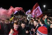 1 October 2021; Shelbourne supporters celebrate after the SSE Airtricity League First Division match between Shelbourne and Treaty United at Tolka Park in Dublin. Photo by Matt Browne/Sportsfile