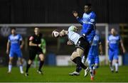 1 October 2021; Andy Boyle of Dundalk in action against Babatunde Owolabi of Finn Harps during the SSE Airtricity League Premier Division match between Finn Harps and Dundalk at Finn Park in Ballybofey, Donegal. Photo by Ramsey Cardy/Sportsfile