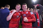 1 October 2021; Kameron Ledwidge, left, and Dayle Ronney of Shelbourne celebrate after the SSE Airtricity League First Division match between Shelbourne and Treaty United at Tolka Park in Dublin. Photo by Matt Browne/Sportsfile