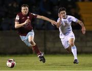 1 October 2021; Ben O'Riordan of Cobh Ramblers in action against Shane Doherty of Galway United during the SSE Airtricity League First Division match between Cobh Ramblers and Galway United at St Colman's Park in Cobh, Cork. Photo by Michael P Ryan/Sportsfile