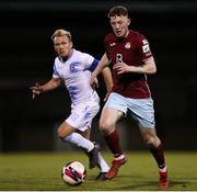 1 October 2021; Killian Cooper of Cobh Ramblers in action against Conor McCormack of Galway United during the SSE Airtricity League First Division match between Cobh Ramblers and Galway United at St Colman's Park in Cobh, Cork. Photo by Michael P Ryan/Sportsfile