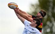 2 October 2021; Jack Dwan of Lansdowne and Dave Hyland of Cork Constitution compete for possession in the lineout during the Energia Men’s All-Ireland League Division 1A Round 1 match between Lansdowne and Cork Constitution at the Aviva Stadium in Dublin. Photo by Ramsey Cardy/Sportsfile