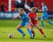 2 October 2021; Fiona Donnelly of DLR Waves in action against Jessie Stapleton of Shelbourne during the SSE Airtricity Women's National League match between Shelbourne and DLR Waves at Tolka Park in Dublin. Photo by Eóin Noonan/Sportsfile