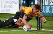 2 October 2021; Ethan McIlroy of Ulster dives over to score a try during the United Rugby Championship match between Zebre and Ulster at Stadio Sergio Lanfranchi in Parma, Italy. Photo by Roberto Bregani/Sportsfile