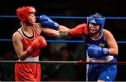 2 October 2021; Kiesha Attwell of Tobar Pheadair Boxing Club, Galway, left, and Kaci Rock of Enniskerry Boxing Club, Wicklow, during their 66kg bout at the IABA National Elite Boxing Championships Finals in the National Stadium in Dublin. Photo by Seb Daly/Sportsfile