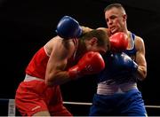2 October 2021; Faolain Rahill of DCU Athletic Boxing Club, Dublin, left, and Darren O’Neill of Paulstown Boxing Club, Kilkenny, during their 86kg bout at the IABA National Elite Boxing Championships Finals in the National Stadium in Dublin. Photo by Seb Daly/Sportsfile