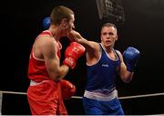 2 October 2021; Darren O’Neill of Paulstown Boxing Club, Kilkenny, right, and Faolain Rahill of DCU Athletic Boxing Club, Dublin, during their 86kg bout at the IABA National Elite Boxing Championships Finals in the National Stadium in Dublin. Photo by Seb Daly/Sportsfile