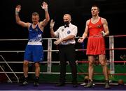 2 October 2021; Darren O’Neill of Paulstown Boxing Club, Kilkenny, left, celebrates after his victory over Faolain Rahill of DCU Athletic Boxing Club, Dublin, during their 86kg bout at the IABA National Elite Boxing Championships Finals in the National Stadium in Dublin. Photo by Seb Daly/Sportsfile