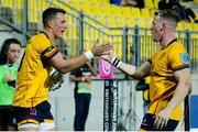 2 October 2021; James Hume of Ulster celebrates with team-mate Craig Gilroy after scoring a try during the United Rugby Championship match between Zebre and Ulster at Stadio Sergio Lanfranchi in Parma, Italy. Photo by Roberto Bregani/Sportsfile