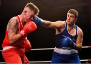 2 October 2021; Martin Keenan of Rathkeale Boxing Club, Limerick, right, and Thomas Maughan of Cavan Boxing Club, Cavan, during their 92kg bout at the IABA National Elite Boxing Championships Finals in the National Stadium in Dublin. Photo by Seb Daly/Sportsfile