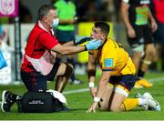 2 October 2021; James Hume of Ulster receives medical attention during the United Rugby Championship match between Zebre and Ulster at Stadio Sergio Lanfranchi in Parma, Italy. Photo by Roberto Bregani/Sportsfile