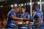 2 October 2021; Leolin Zas of DHL Stormers, left, celebrates with team-mates, including Stefan Ungerer, centre, after scoring his side's second try during the United Rugby Championship match between Munster and DHL Stormers at Thomond Park in Limerick. Photo by Sam Barnes/Sportsfile
