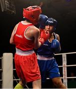 2 October 2021; Sara Haghighat-joo of St Brigid's Boxing Club, Edenderry, Offaly, behind, and Niamh Fay of Ballyboughal Boxing Club, Dublin, during their 54kg bout at the IABA National Elite Boxing Championships Finals in the National Stadium in Dublin. Photo by Seb Daly/Sportsfile
