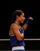 2 October 2021; Sara Haghighat-joo of St Brigid's Boxing Club, Edenderry, Offaly, celebrates after victory over Niamh Fay of Ballyboughal Boxing Club, Dublin, during their 54kg bout at the IABA National Elite Boxing Championships Finals in the National Stadium in Dublin. Photo by Seb Daly/Sportsfile