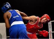 2 October 2021; Lisa O’Rourke of Castlerea Boxing Club, Roscommon, right, and Evelyn Igharo of Clann Naofa Boxing Club Dundalk, Louth, during their 70kg bout  at the IABA National Elite Boxing Championships Finals in the National Stadium in Dublin. Photo by Seb Daly/Sportsfile