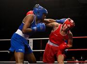 2 October 2021; Lisa O’Rourke of Castlerea Boxing Club, Roscommon, right, and Evelyn Igharo of Clann Naofa Boxing Club Dundalk, Louth, during their 70kg bout at the IABA National Elite Boxing Championships Finals in the National Stadium in Dublin. Photo by Seb Daly/Sportsfile