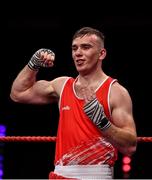 2 October 2021; Kieran Molloy of Oughterard Boxing Club, Galway, celebrates after his victory over Luke Maguire of Esker Boxing Club, Dublin, during their 71kg bout at the IABA National Elite Boxing Championships Finals in the National Stadium in Dublin. Photo by Seb Daly/Sportsfile