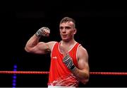 2 October 2021; Kieran Molloy of Oughterard Boxing Club, Galway, celebrates after his victory over Luke Maguire of Esker Boxing Club, Dublin, during their 71kg bout at the IABA National Elite Boxing Championships Finals in the National Stadium in Dublin. Photo by Seb Daly/Sportsfile
