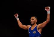 2 October 2021; Kelyn Cassidy of Saviours Crystal Boxing Club, Waterford, celebrates after victory over Tommy Hyde of St Michael's Boxing Club, Athy, Kildare, during their 80kg bout with Tommy Hyde of St Michael's Boxing Club, Athy, Kildare, at the IABA National Elite Boxing Championships Finals in the National Stadium in Dublin. Photo by Seb Daly/Sportsfile