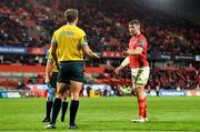 2 October 2021; Peter O'Mahony of Munster speaks with referee Andrew Brace after an alleged biting incident involving Niall Scannell of Munster and an opponent during the United Rugby Championship match between Munster and DHL Stormers at Thomond Park in Limerick. Photo by Sam Barnes/Sportsfile