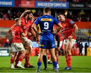2 October 2021; Niall Scannell of Munster, far right, appears to show referee Andrew Brace, hidden, his upper left leg after an alleged biting incident with an opponent, as team-mates celebrate a try scored by Jean Kleyn of Munster during the United Rugby Championship match between Munster and DHL Stormers at Thomond Park in Limerick. Photo by Sam Barnes/Sportsfile