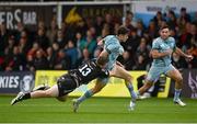 3 October 2021; Rob Russell of Leinster is tackled by Jack Dixon of Dragons during the United Rugby Championship match between Dragons and Leinster at Rodney Parade in Newport, Wales. Photo by Harry Murphy/Sportsfile
