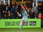 3 October 2021; Ross Byrne of Leinster kicks a conversion during the United Rugby Championship match between Dragons and Leinster at Rodney Parade in Newport, Wales. Photo by Harry Murphy/Sportsfile