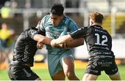 3 October 2021; Michael Ala'alatoa of Leinster is tackled by Will Rowlands and Aneurin Owen of Dragons during the United Rugby Championship match between Dragons and Leinster at Rodney Parade in Newport, Wales. Photo by Harry Murphy/Sportsfile