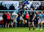 3 October 2021; Rob Russell of Leinster knocks on a high ball against Josh Lewis of Dragons in the build up to a disallowed try during the United Rugby Championship match between Dragons and Leinster at Rodney Parade in Newport, Wales. Photo by Harry Murphy/Sportsfile