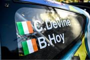 3 October 2021; A detailed view of the Ford Fiesta Rally 2, driven by Callum Devine and co-driver Brian Hoy, after winning stage 6 of the Donegal Harvest Stages Rally in Donegal. Photo by Philip Fitzpatrick/Sportsfile