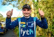 3 October 2021; Callum Devine celebrates winning stage 6 of the Donegal Harvest Stages Rally in a Ford Fiesta Rally 2, with co-driver Brian Hoy, in Donegal. Photo by Philip Fitzpatrick/Sportsfile