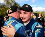 3 October 2021; Callum Devine is congratulated by Donagh Kelly after winning stage 6 of the Donegal Harvest Stages Rally in a Ford Fiesta Rally 2, with co-driver Brian Hoy, in Donegal. Photo by Philip Fitzpatrick/Sportsfile